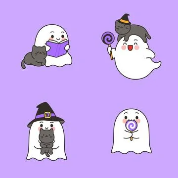Cute Ghost And Cat Halloween Icon Set With Witch Hat And Lollipop Stock Illustration