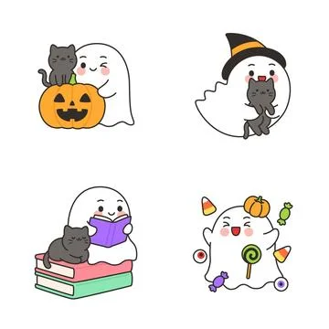 Cute Ghost And Cat Halloween Icon Set With Pumpkin And Candy Illustrazione stock