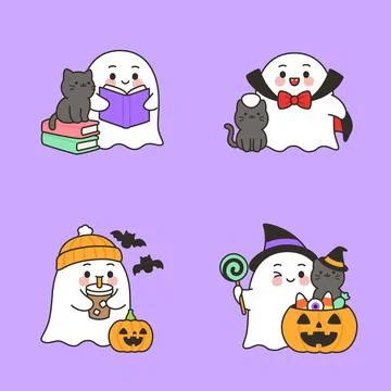 Cute Ghost And Cat Halloween Scenes Collection Illustrazione stock