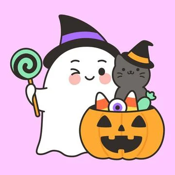 Cute Ghost And Cat In Witch Hats With Pumpkin Candy Bucket Illustrazione stock