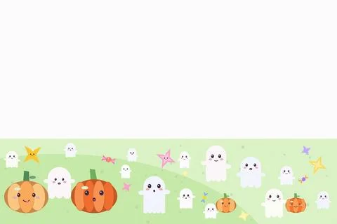 Cute ghost and pumpkin halloween border with colorful stars and candies for.. Stock Illustration