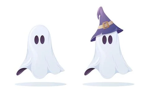 A cute ghost with and without a sorcery hat. Cartoon vector illustration Illustrazione stock