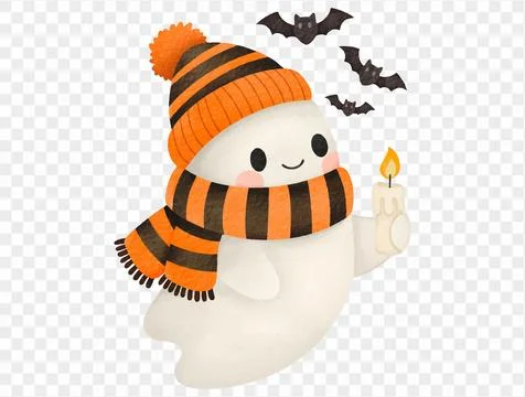 Cute ghost with bats and pumpkin watercolor Halloween illustration vector. Stock Illustration