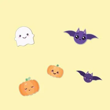 Cute ghost bats and pumpkin stickers floating on soft yellow surface for ha.. Illustration