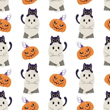 Cute Ghost with Black Cat and Pumpkin Seamless Pattern. Halloween Repeat 스톡 일러스트