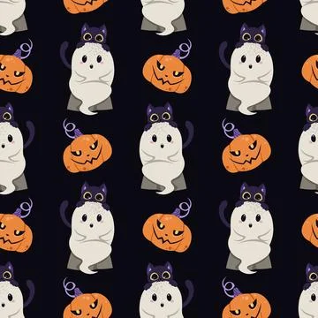 Cute Ghost with Black Cat and Pumpkin Seamless Pattern. Halloween Repeat Stock Illustration