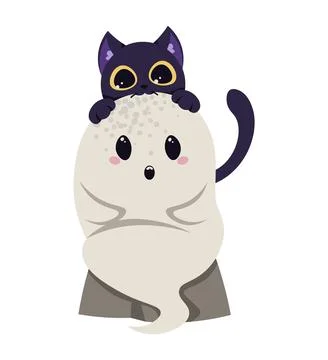 Cute Ghost with Black Cat Halloween Flat Vector Illustration. Spooky Holiday Stock Illustration