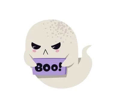 Cute Ghost with Boo Sign Flat Vector Illustration Isolated on White. Halloween Stock Illustration