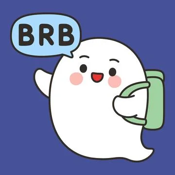 Cute Ghost BRB Emote Vector with Backpack on Blue Background Stock Illustration