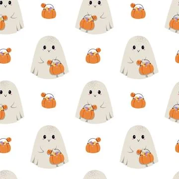 Cute Ghost with Candy Bag and Pumpkin Seamless Pattern. Halloween Repeat イラスト素材