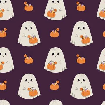 Cute Ghost with Candy Bag and Pumpkin Seamless Pattern. Halloween Repeat 스톡 일러스트