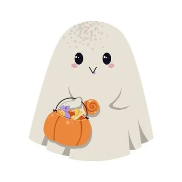 Cute Ghost with Candy Bag Flat Vector Illustration Isolated on White. Halloween Stock Illustration