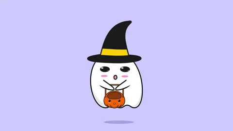 Cute ghost cartoon with carrying cute pumpkin bag with mouth movements. ani.. Video stock 249079123