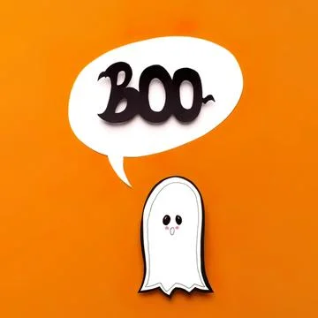 Cute ghost cartoon with speech bubble saying boo on orange background Stock Photos