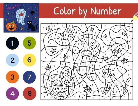 Cute ghost, cat and pumpkin color by number game for kids. Coloring page with Stock Illustration