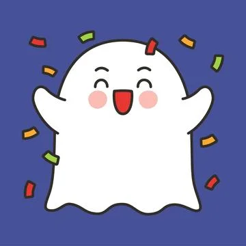 Cute Ghost Celebration Emote Vector Throwing Confetti on Blue Background Stock Illustration