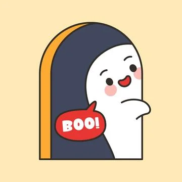 Cute Ghost Character In Arch Doorway Saying Boo Illustrazione stock