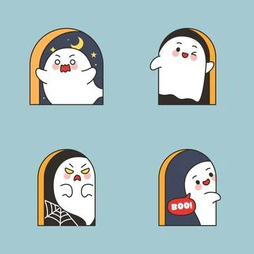 Cute Ghost Character In Arch Window Frames Set Illustrazione stock