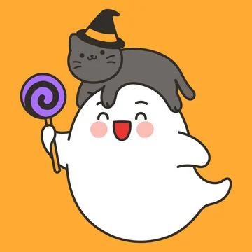 Cute Ghost Character With Cat In Witch Hat On Head Stock Illustration