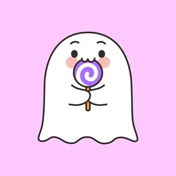 Cute Ghost Character Eating Purple Swirl Lollipop Stockillustratie
