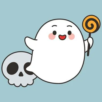 Cute Ghost Character Emerging From Skull With Lollipop Illustrazione stock