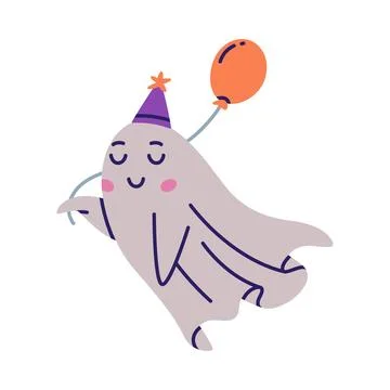 Cute Ghost Character Flying in Hat with Balloon Vector Illustration Stock Illustration