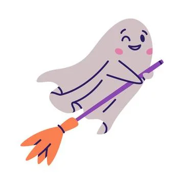 Cute Ghost Character as Flying Poltergeist Creature with Broom Vector Stock Illustration