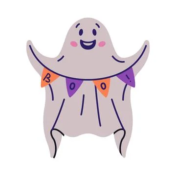 Cute Ghost Character as Flying Poltergeist Creature Hold Garland Vector Stock Illustration