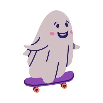 Cute Ghost Character as Flying Poltergeist Creature Ride Skateboard Vector Stock Illustration