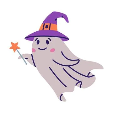 Cute Ghost Character as Flying Poltergeist Creature in Hat with Magic Wand Stock Illustration