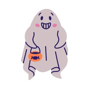 Cute Ghost Character as Flying Poltergeist Creature with Treat Basket Vector Stock Illustration