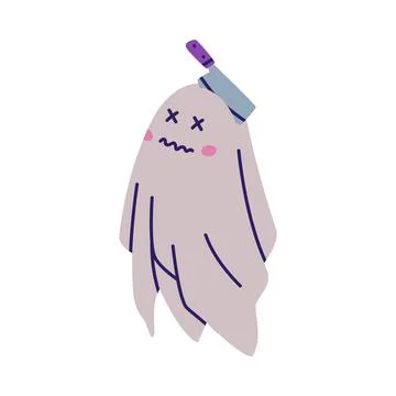 Cute Ghost Character as Flying Poltergeist Creature with Knife Blade in Head Stock Illustration
