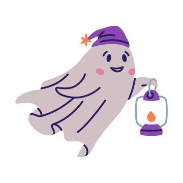 Cute Ghost Character as Flying Poltergeist Creature in Night Cap with Lantern Stock Illustration