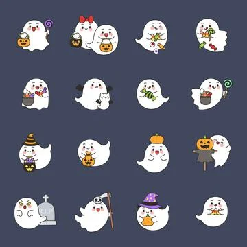 Cute Ghost Character Halloween Icon Set With Witch And Scarecrow Illustrazione stock