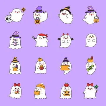 Cute Ghost Character Halloween Icon Set With Bow And Pirate Stock Illustration