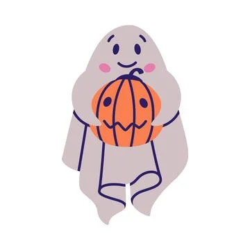 Cute Ghost Character Hold Pumpkin as Flying Poltergeist Creature Vector Stock Illustration