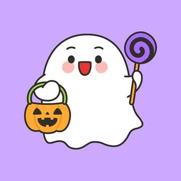 Cute Ghost Character Holding Lollipop And Pumpkin Candy Bucket Illustrazione stock