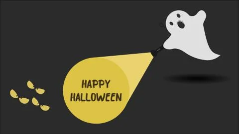 Cute ghost character just found the Happy Halloween message with his flashlig Stock Illustration