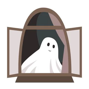 Cute ghost character look out of the night open window. Fall and Halloween .. Stock Illustration