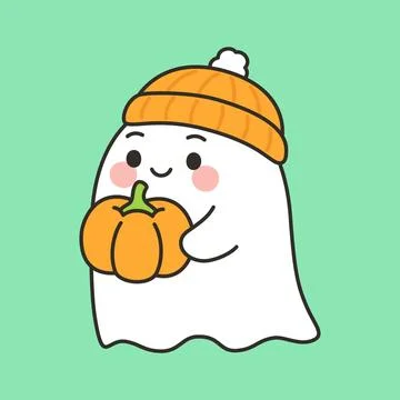 Cute Ghost Character In Orange Beanie Holding Pumpkin Illustrazione stock