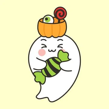 Cute Ghost Character With Pumpkin Eyeball And Wrapped Candy Illustrazione stock