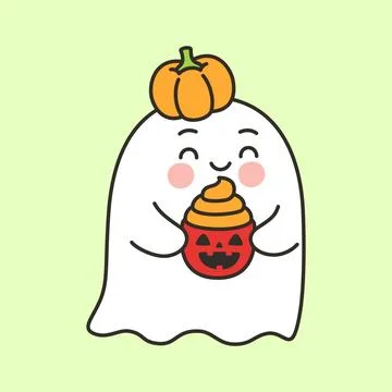 Cute Ghost Character With Pumpkin On Head Holding Soft Serve Ice Cream Illustrazione stock