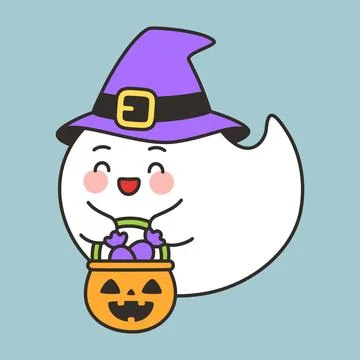 Cute Ghost Character In Purple Witch Hat With Pumpkin Bucket Illustrazione stock