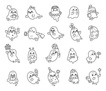 Cute ghost character set in outline line art Stock Illustration