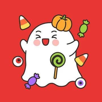 Cute Ghost Character Surrounded By Halloween Candy And Pumpkin Illustrazione stock