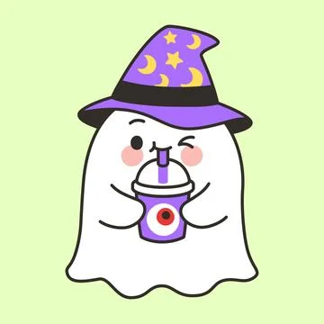 Cute Ghost Character In Witch Hat Holding Eyeball Potion Cup Illustrazione stock