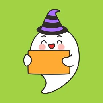 Cute Ghost Character In Witch Hat Holding Blank Sign Illustrazione stock
