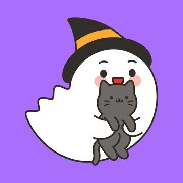 Cute Ghost Character In Witch Hat Holding Black Cat Illustrazione stock