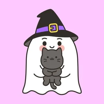 Cute Ghost Character In Witch Hat Holding Standing Cat Illustrazione stock