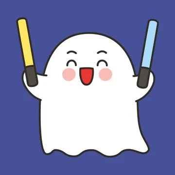 Cute Ghost Cheering Emote Vector with Colorful Glow Sticks on Blue Background 스톡 일러스트
